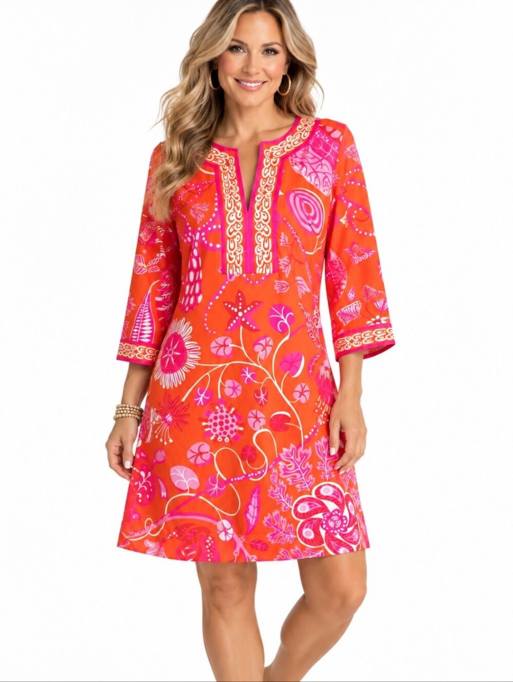 Gretchen Scott Flora Dress Small Orange Pink Sea Life Fish Resort Tunic Coastal